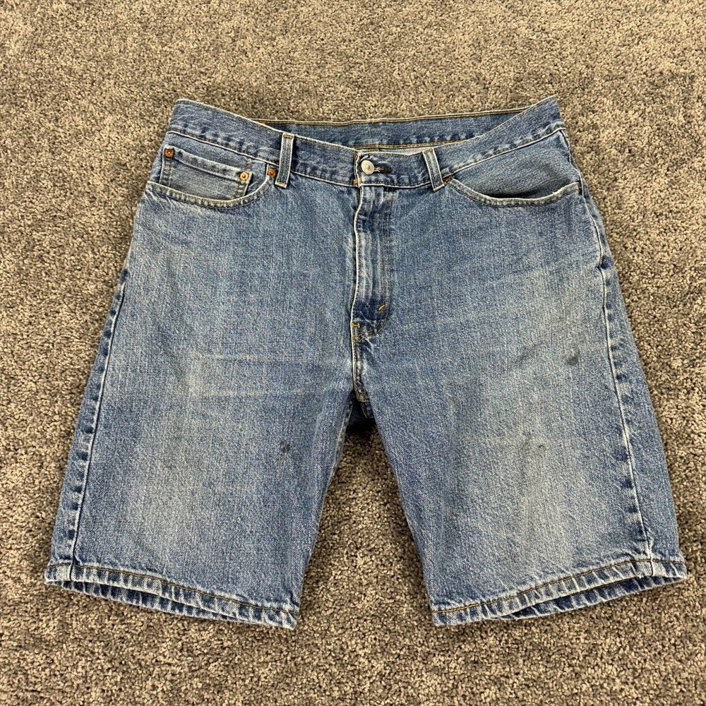 Levis Shorts Mens 36 Blue 505 Regular Fit Medium Wash Denim Jean Jorts Logo Work